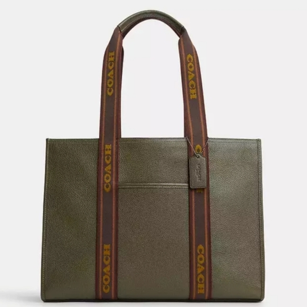 Coach Olive Green Pebbled Leather Tote with Branded Brown Webbing Straps